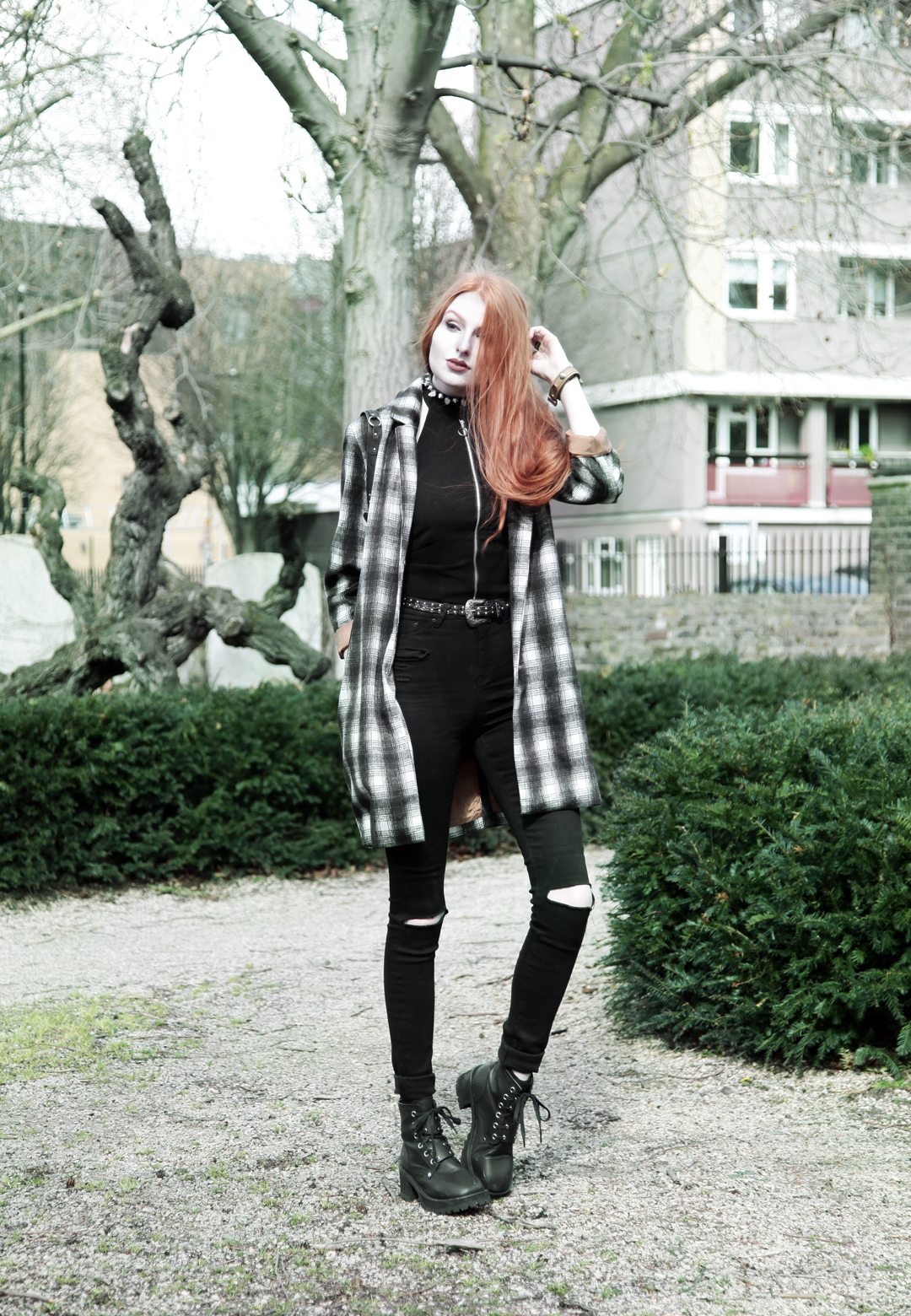 Olivia Emily wears Brave Soul Plaid Overcoat, Asos Black Zip Halter Top, Asos Ridley Ripped Jeans, Unif Dedi Boots and Unif Bound Mini Backpack