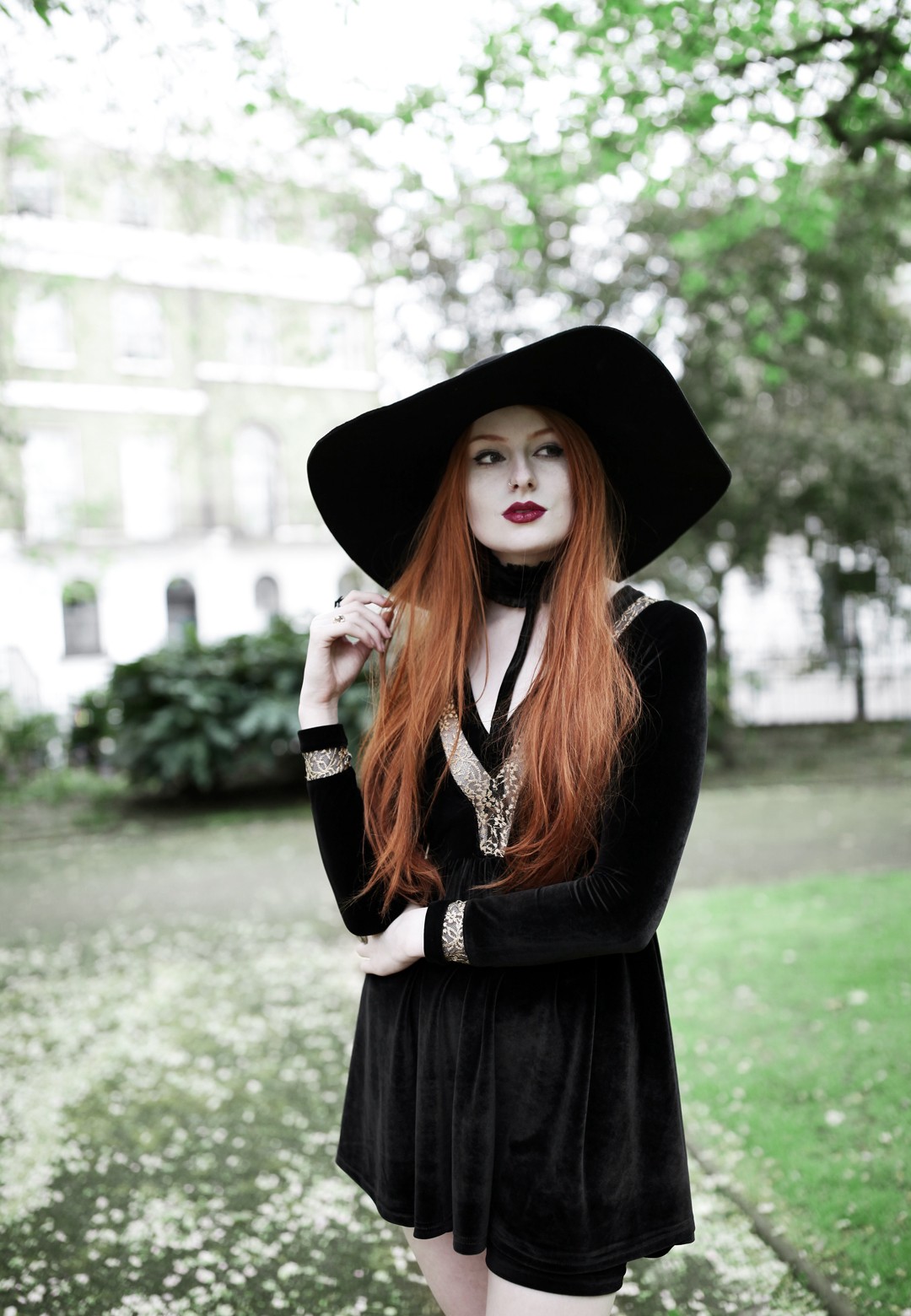 Olivia Emily wears Dark Thorn Clothing Victoria Dress, Asos Floppy Wide Brim Hat, Rogue and Wolf Jewellery, and Ash Boots