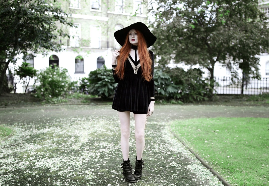 Olivia Emily wears Dark Thorn Clothing Victoria Dress, Asos Floppy Wide Brim Hat, Rogue and Wolf Jewellery, and Ash Boots