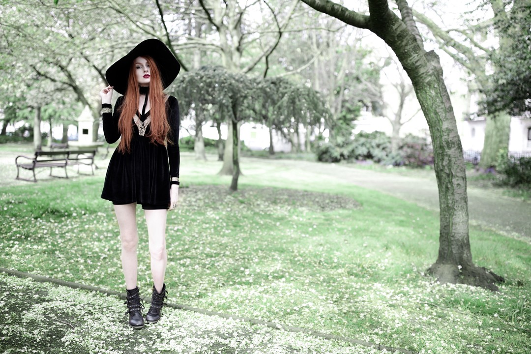 Olivia Emily wears Dark Thorn Clothing Victoria Dress, Asos Floppy Wide Brim Hat, Rogue and Wolf Jewellery, and Ash Boots