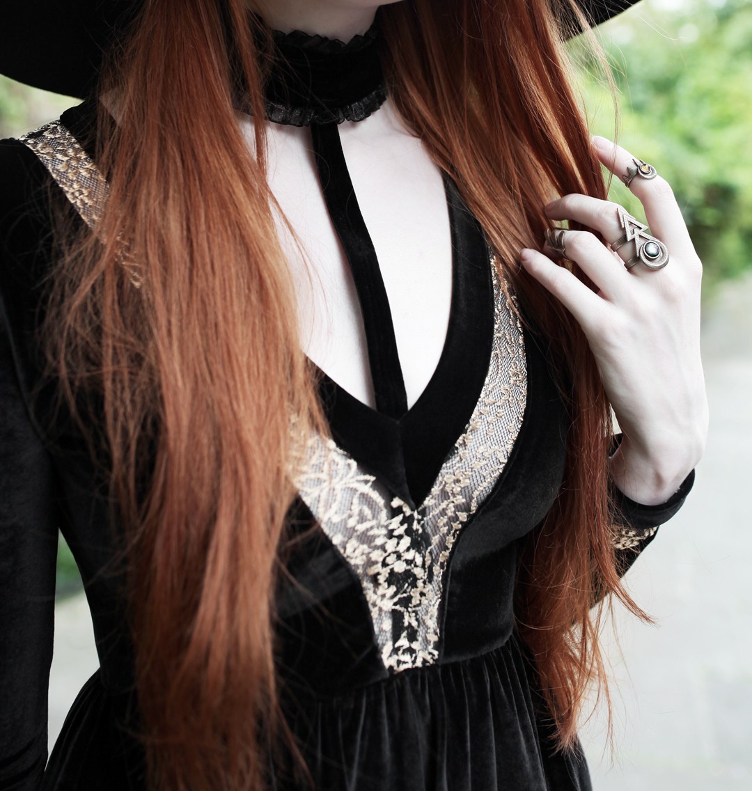 Olivia Emily wears Dark Thorn Clothing Victoria Dress, Asos Floppy Wide Brim Hat and Rogue and Wolf Jewellery