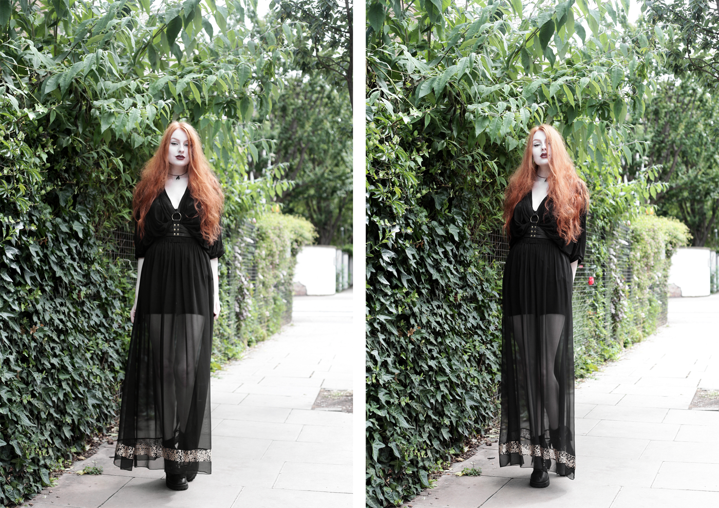 Olivia Emily wears Killstar Mesh Top, Dark Thorn Chastity Sheer Maxi Skirt, Asos Harness and Unif Dedi Boots