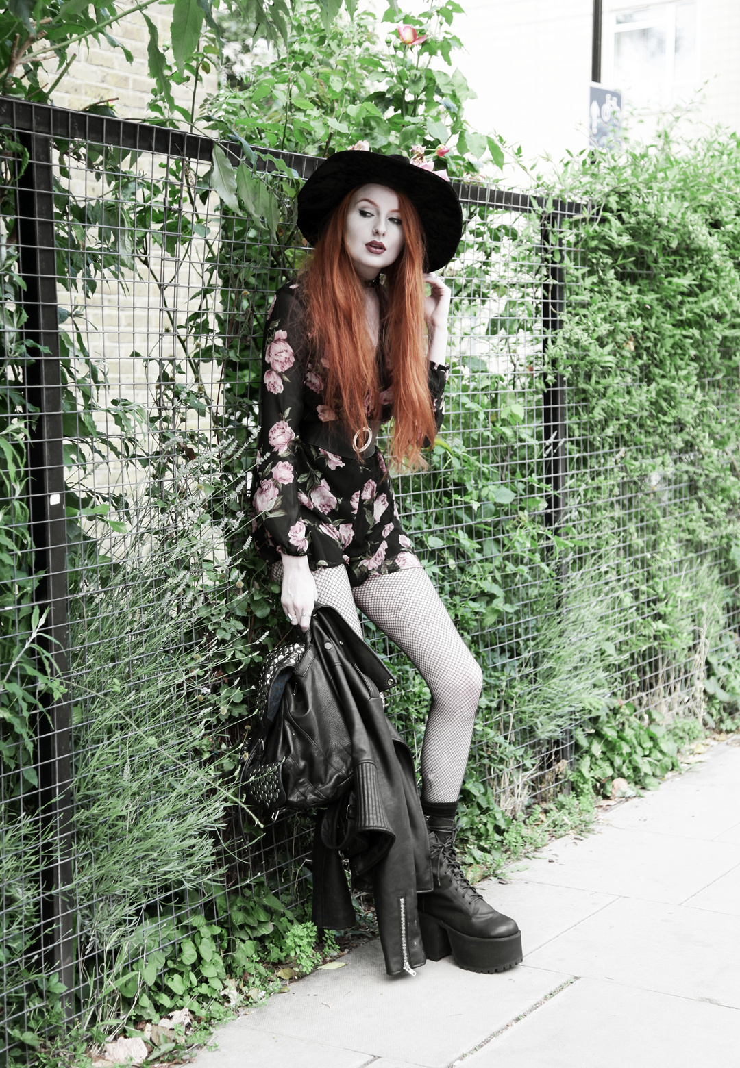 Olivia Emily wears Asos Band Of Gypsies playsuit, Killstar velvet witch brim hat, Unif Scosche boots & Rebecca Minkoff studded backpack