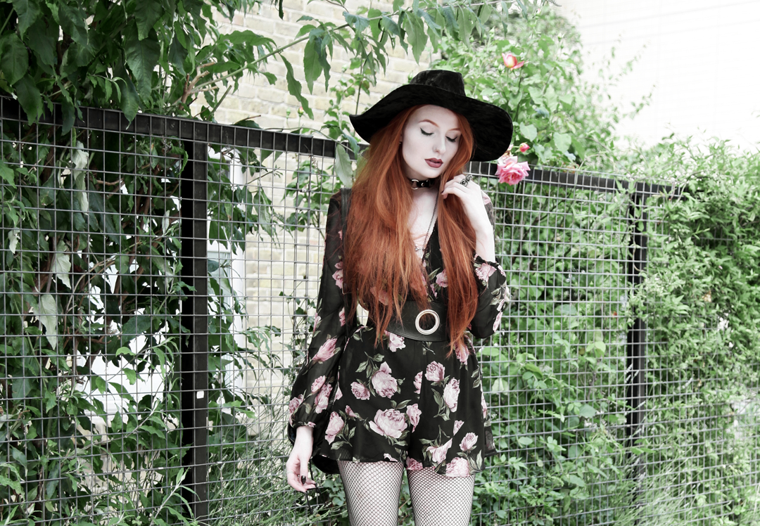 Olivia Emily wears Asos Band Of Gypsies playsuit, Killstar velvet witch brim hat, Zana Bayne Cincher Waist Belt