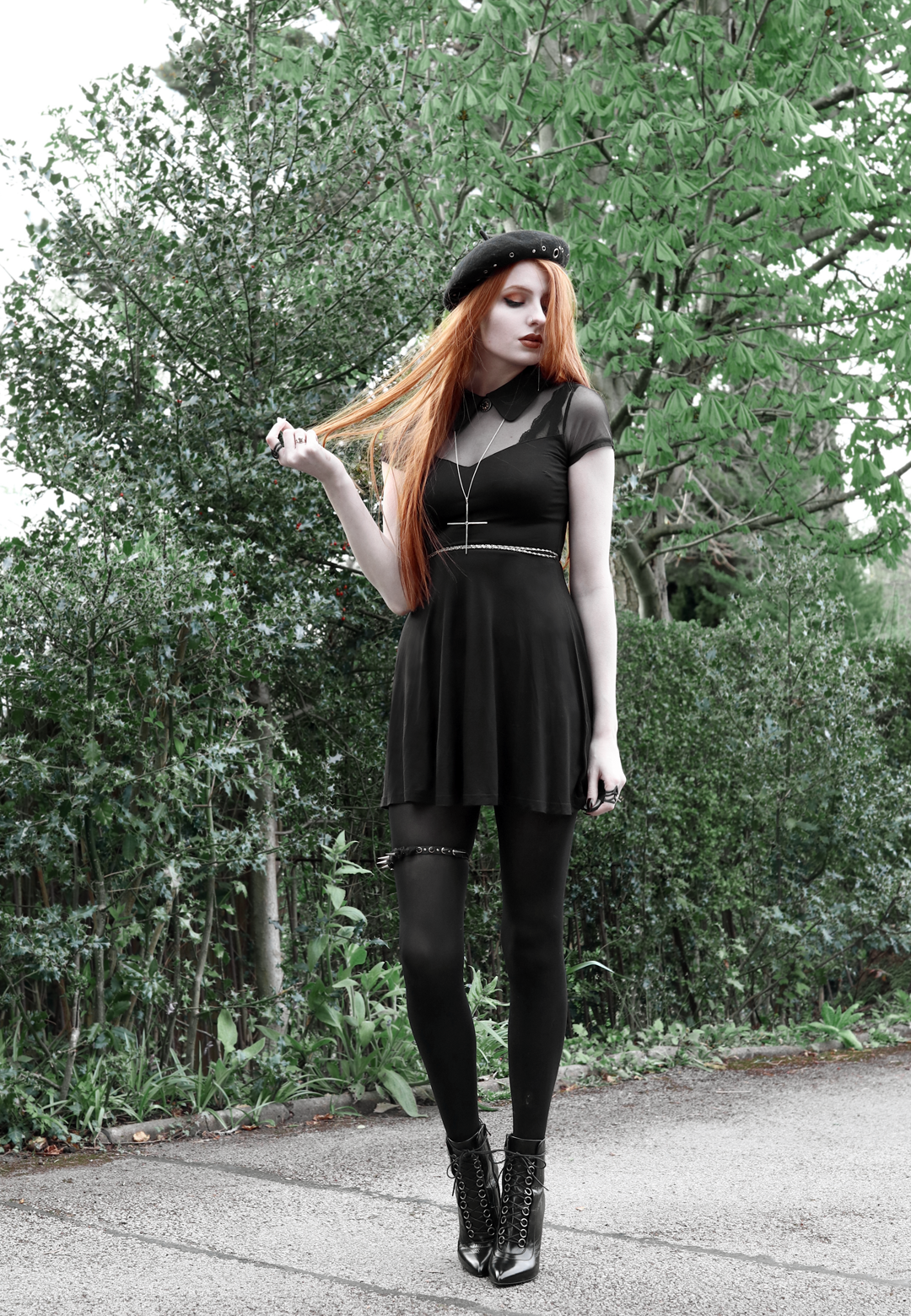 5 olivia emily asos eyelet beret, killstar dana dress, kiki minchin necklace, spiked garter, saint laurent slp ysl booties