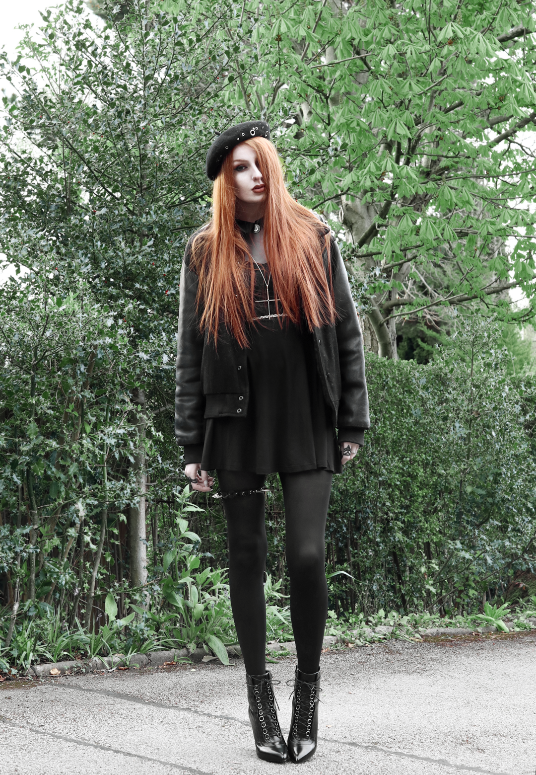 9 olivia emily asos eyelet beret, vintage varsity jacket, killstar dana dress, kiki minchin necklace, spiked garter, saint laurent slp ysl booties