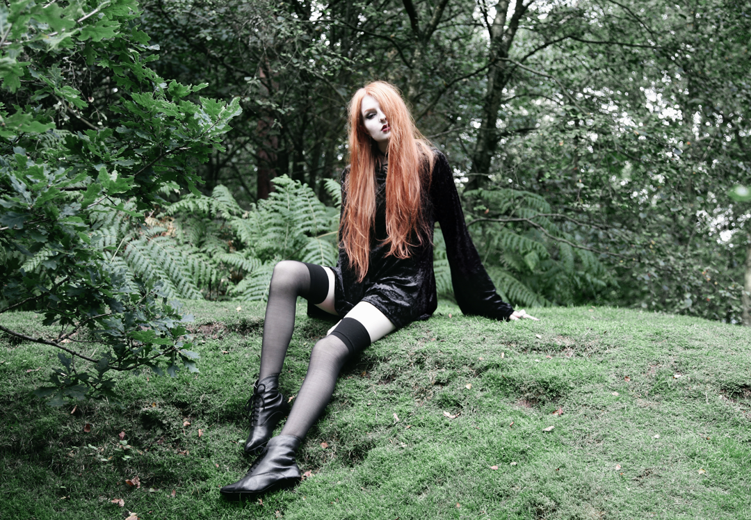 Olivia Emily wears Kilstar Velvet Witch Hood Dress, Over Knee Stockings and Vintage Pointed Boots