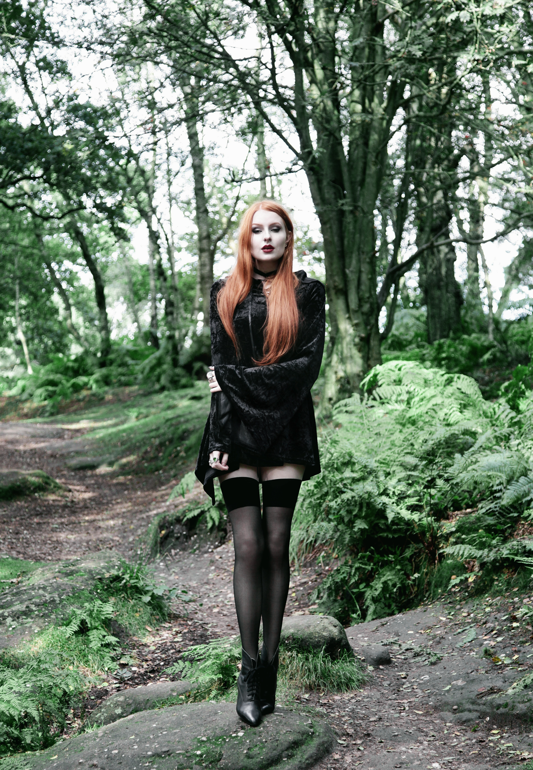 Olivia Emily wears Kilstar Velvet Witch Hood Dress, Over Knee Stockings and Vintage Pointed Boots