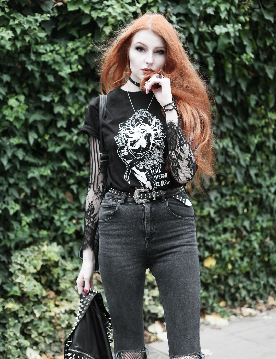 Olivia Emily wears CosQueen Black Mirror Princess Tee, Motel Black Lace Top, Asos Western Belt, Asos High Waisted Ripped Jeans