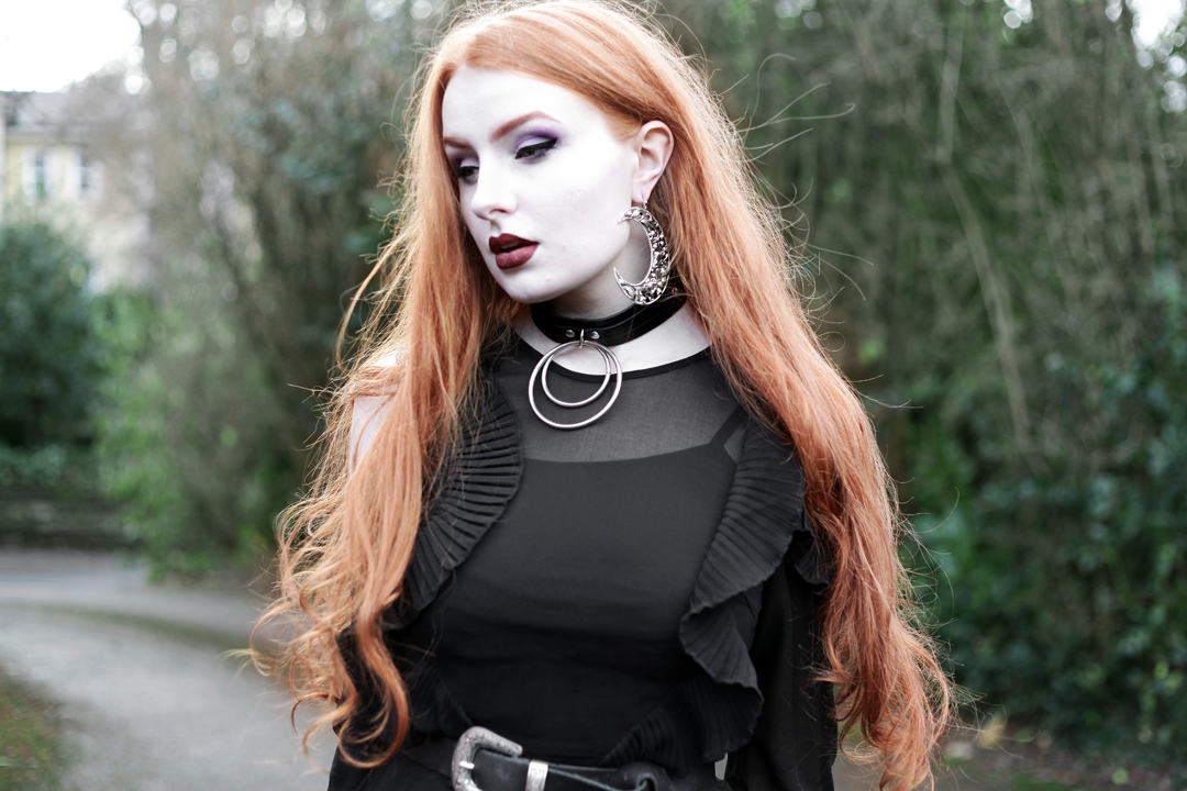 Olivia Emily wears Kat Von D Innerstelar Palette, Lime Crime Saint Velvetine, Asos black ruffle midi dress, Killstar Dita Slave collar choker, Asos western belt