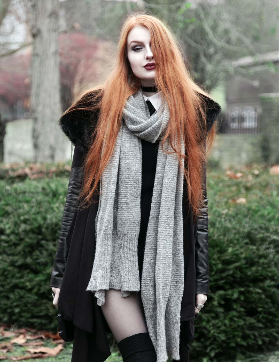 Olivia Emily wears Church of Sanctus Asylum Vegan Suede Faux Fur Coat, Asos Grey Wool Scarf, L Necklace, Killstar Hellda Knit Dress, Asos Over Knee Socks