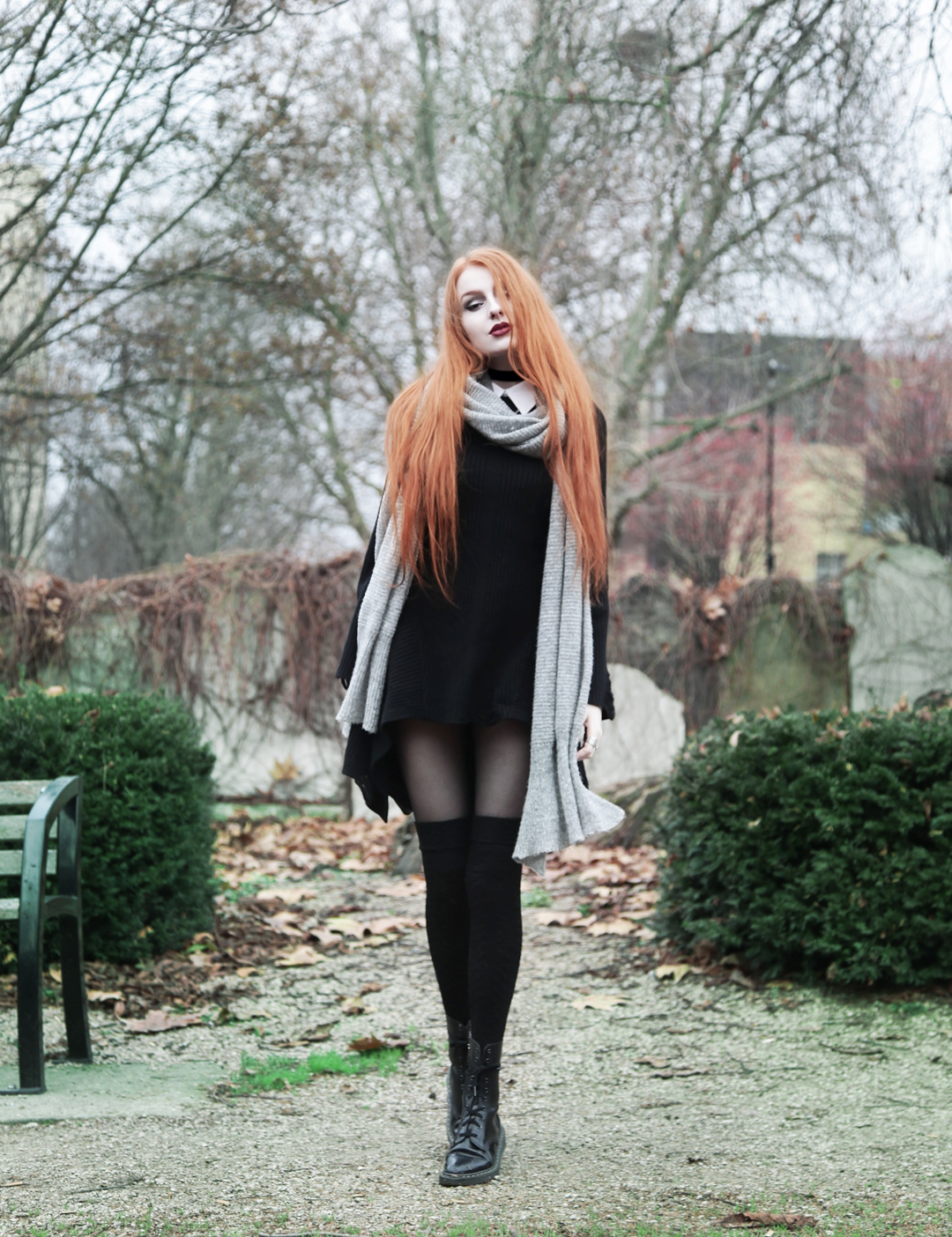 Olivia Emily wears Asos Grey Wool Scarf, L Necklace, Killstar Hellda Knit Dress, Asos Over Knee Socks, Pointed Toe Dr Martens