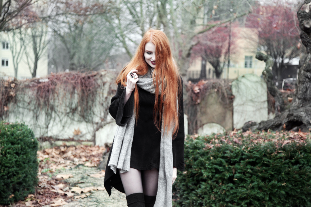 Olivia Emily wears Asos Grey Wool Scarf, L Necklace, Killstar Hellda Knit Dress, Asos Over Knee Socks