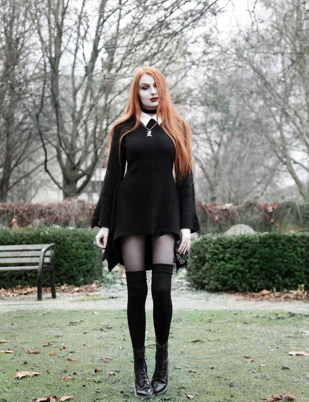 Olivia Emily wears L Necklace, Killstar Hellda Knit Dress, Asos Over Knee Socks, Pointed Toe Dr Martens