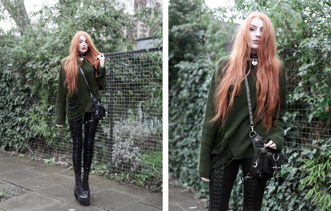 Olivia Emily wears Asos Bones Oversized jumper, Restyle pl harness bag, Stylestalker lace up leggings trousers, and Unif scosche boots