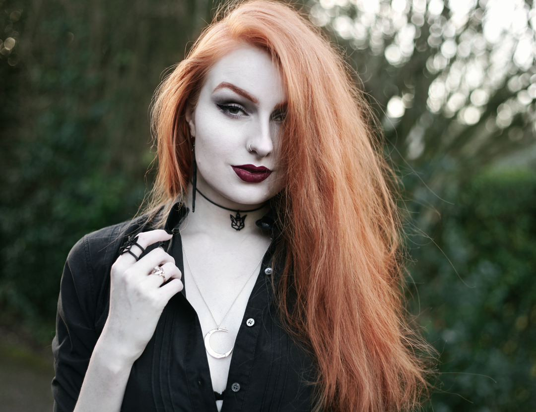 Olivia Emily wears Black Shirt, Avalanche Jewellery Mega Lune Necklace and Rogue and Wolf Cat Choker & Earrings