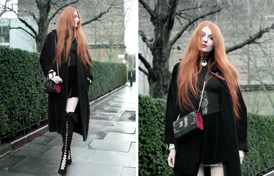 Olivia Emily wears Skinny Bags Dark Thoughts Book Clutch, Vintage Max Mara coat, Asos Lace Up Boots, and Asos Corset Belt.