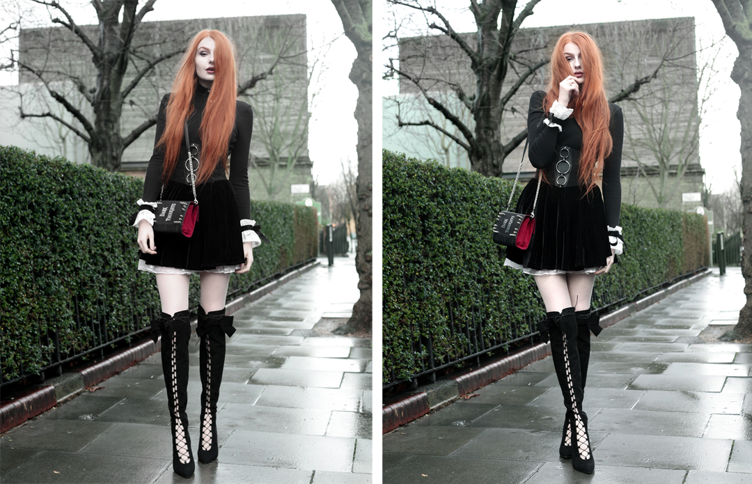 Olivia Emily wears Skinny Bags Dark Thoughts Clutch, River Island High Neck Top, Asos Ruffle Cuffs, Black Velvet Skirt, and Asos Lace Up Boots
