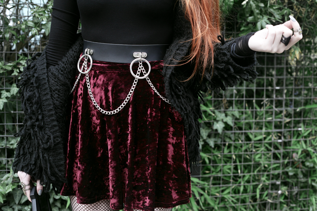 Olivia Emily wears Rogue and Wolf Moondoll Top, Crushed Velvet skirt and Mary Wyatt Chain Belt