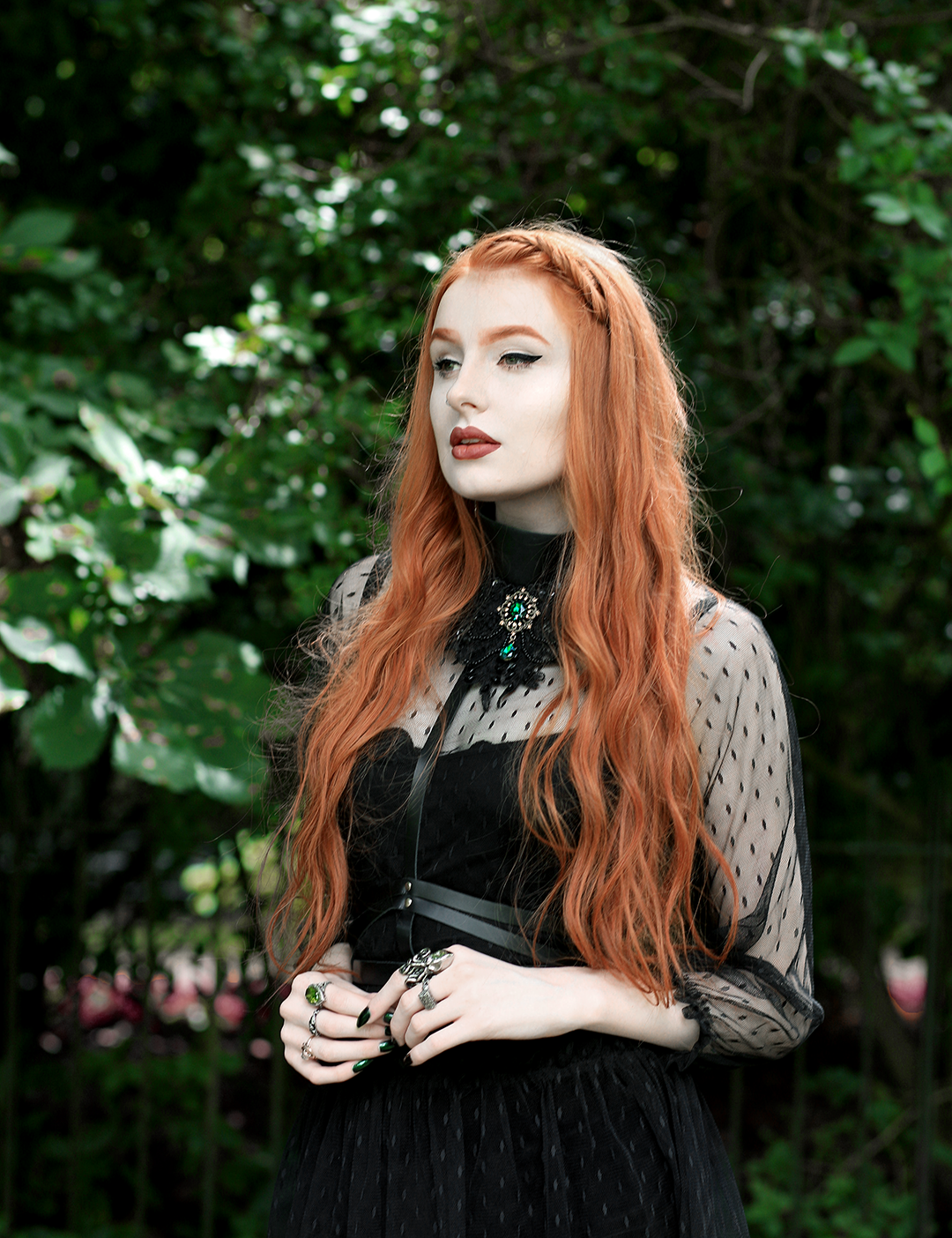 Olivia Emily features a beachy waves hairstyle, styled with Rahua Sea Salt Spray at Haris Hairdressers, and wears Navy London Dress, Pheren Couture Choker, and Ccuoco Harness