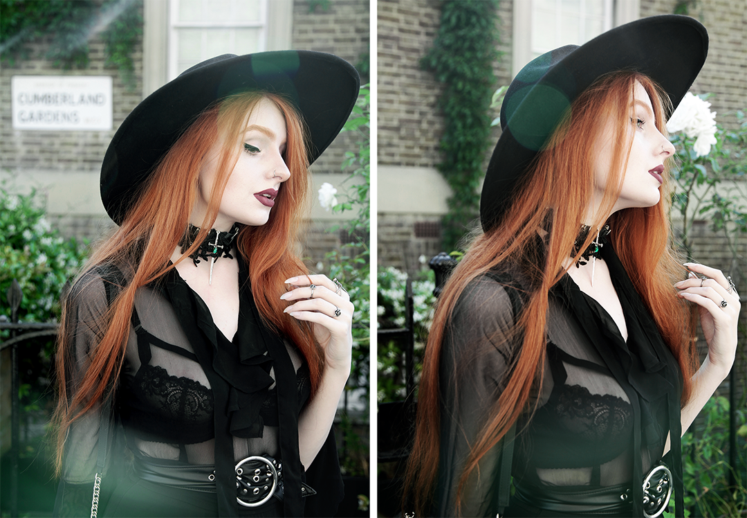 Olivia Emily wears Killstar Witch Brim Hat, Killstar Decay Nu-Mourning dress, Pheren Couture Sword Choker, Asos Eyelet Waist Belt and House of Need Sword Ring