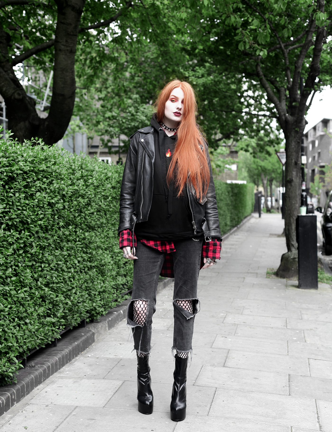 Dressed Up Casual - Olivia Emily wears Adolescent Clothing Fire Emoji Hoodie, Red Plaid Shirt, Asos Ripped Jeans, and Public Desire Platform Boots