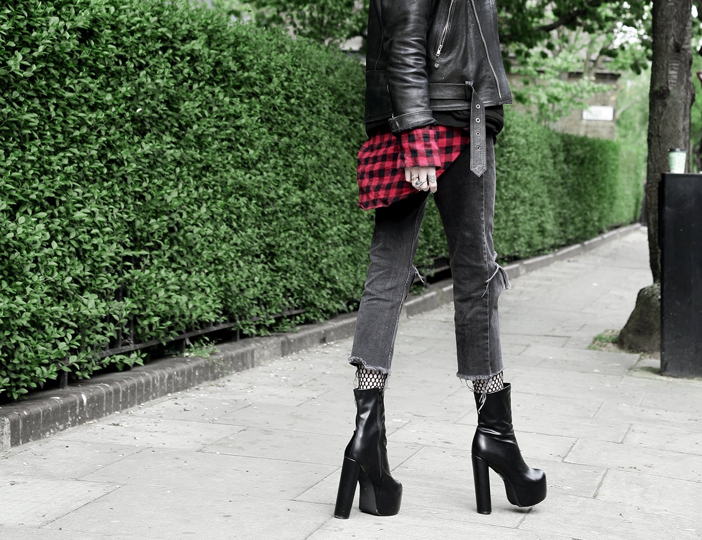 Dressed Up Casual - Olivia Emily wears Red Plaid Shirt, Asos Ripped Jeans, and Public Desire Platform Boots