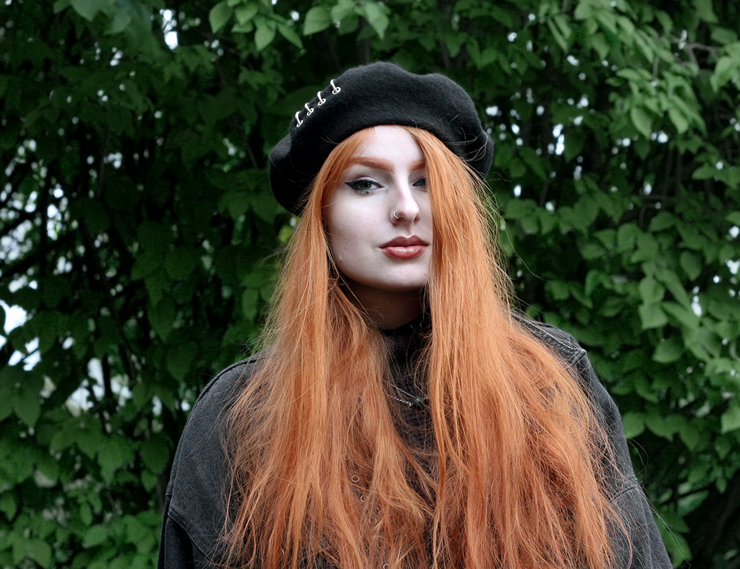 Olivia Emily wears Shikumi Beret, Asos Black Denim Jacket and Current Mood High Neck Jumper