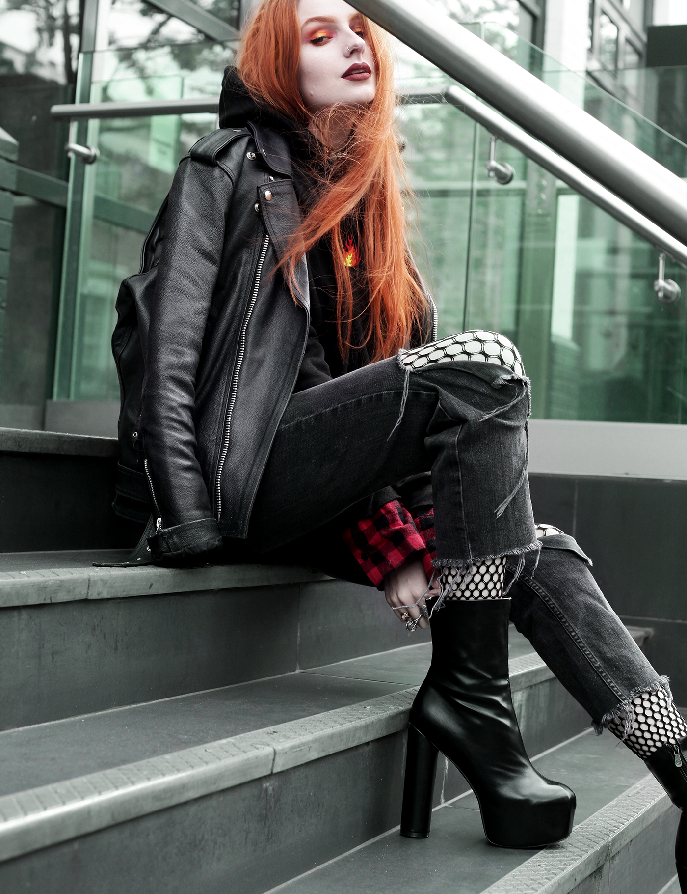 Dressed Up Casual - Olivia Emily wears Biker Jacket, Adolescent Clothing Fire Emoji Hoodie, Red Plaid Shirt, Asos Ripped Jeans, and Public Desire Platform Boots