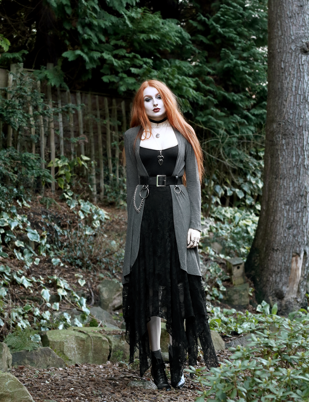 Olivia Emily - Layers of Drapey Fabric. Outfit featuring Corvus Corone Lace Skirt, Grey Jersey Long Cardigan, Asos Chain Belt, and Vintage Pointed Boots