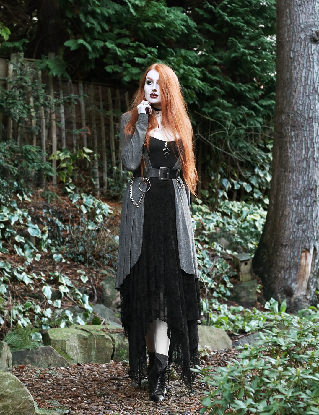 Olivia Emily - Layers of Drapey Fabric. Outfit featuring Corvus Corone Lace Skirt, Grey Jersey Long Cardigan, Asos Chain Belt, and Vintage Pointed Boots