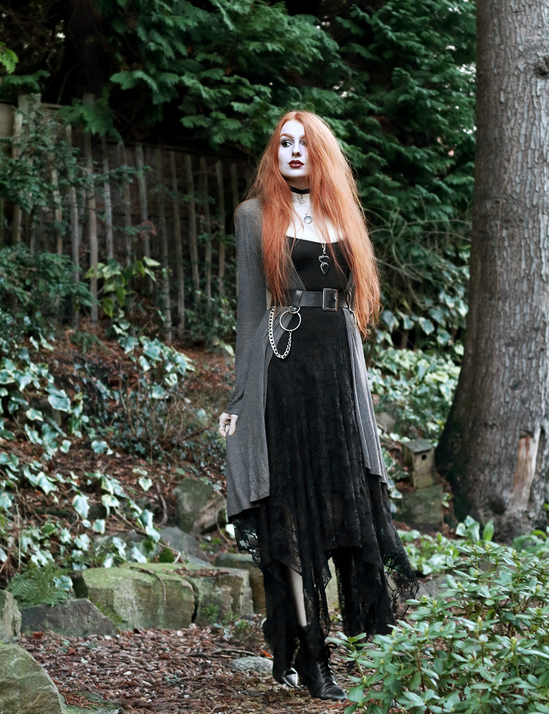 Olivia Emily - Layers of Drapey Fabric. Outfit featuring Corvus Corone Lace Skirt, Grey Jersey Long Cardigan, Asos Chain Belt, and Vintage Pointed Boots