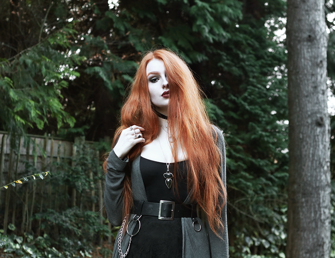 Olivia Emily - Layers of Drapey Fabric. Outfit Post Featuring Corvus Corone Lace Skirt, Grey Jersey Long Cardigan, Asos Chain Belt, and Wildinanda Agate Necklace