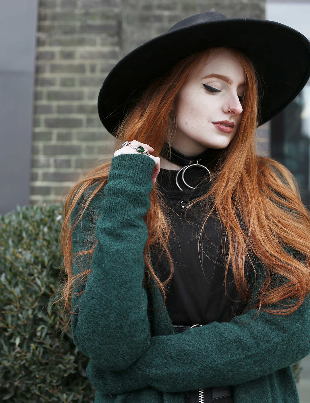 Olivia Emily - accessory details featuring Killstar Double O Ring Choker, Killstar Witch Brim Hat & House of Need Rings